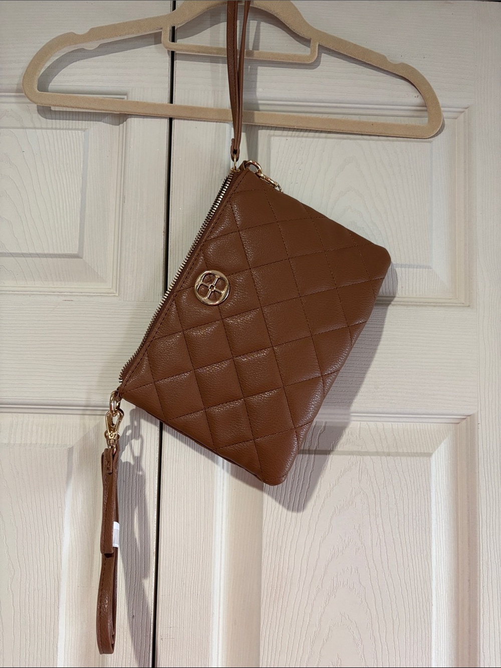 IMAN - Quilted Brown Wristlet Clutch with Gold Logo